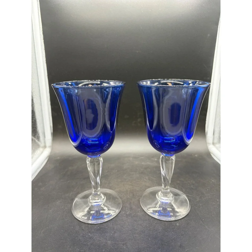 Vintage Cobalt Blue Wine Goblets Clear Twisted Stem Optic Panel Glass Set of 2